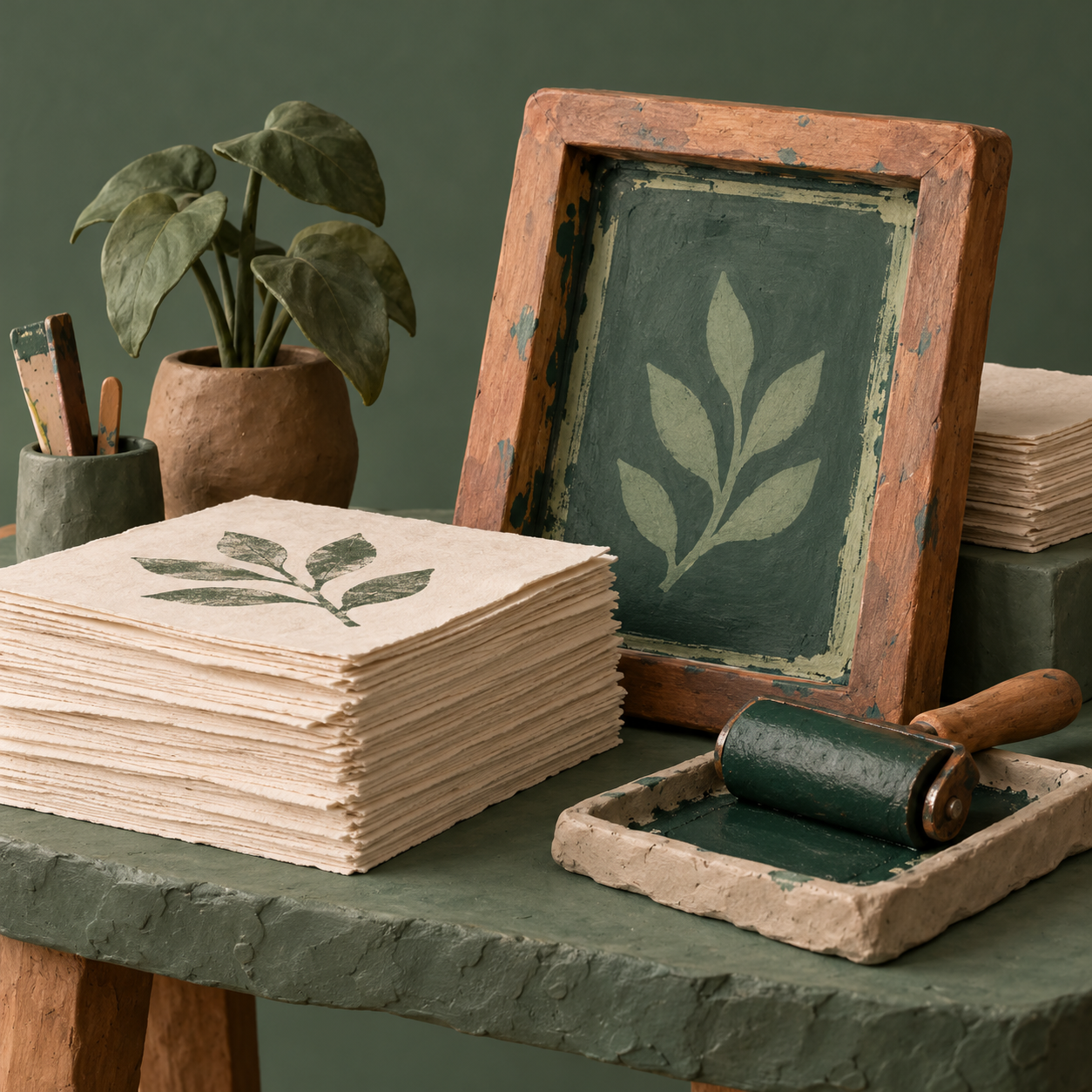 Illustration of independent print studio: paper stacks, a screen-print frame, a roller