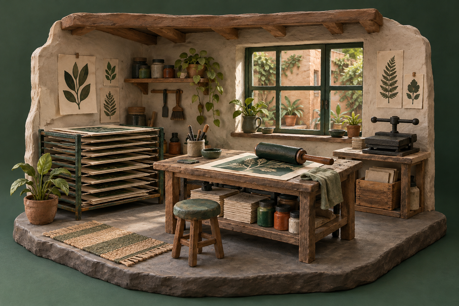Illustration of independent print studio: a roller, flat drying racks, pigment jars