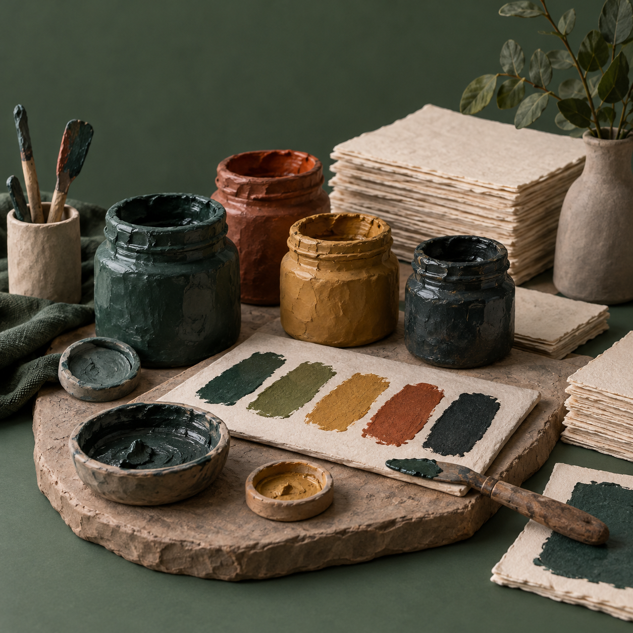 Illustration of independent print studio: pigment jars, unlettered ink swatches, paper stacks